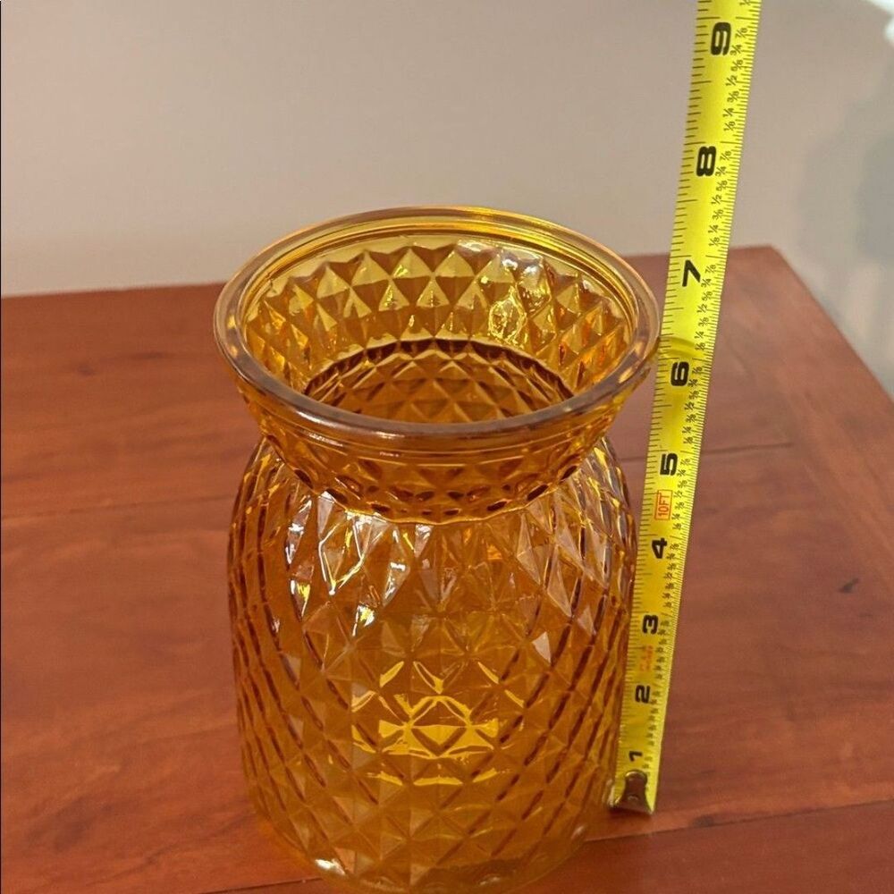 Amber Glass Vase | Diamond Cut Pattern | Mid-Century Style Decor